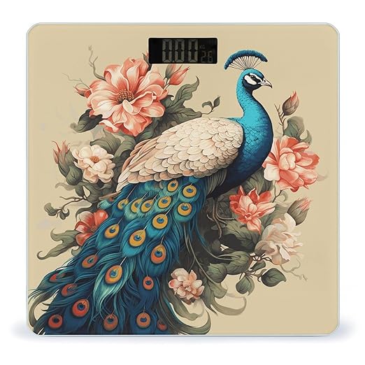 Peacock and Flowers Scale for Body Weight Anti-Slip Digital Bathroom Scale Sturdy Toughened Glass Weighing Scales High Precision Safe Rounded Corners Smart Scales