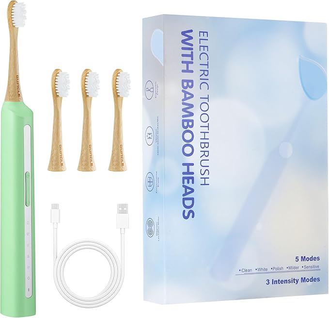 Bamboo Electric Toothbrush丨Rechargeable Electric Toothbrush with 4 Bamboo Heads Soft Castor Oil Bristles5 Moedes&amp3 Intensities 45 Days Battery Life IPX7 Waterproof-Light Green