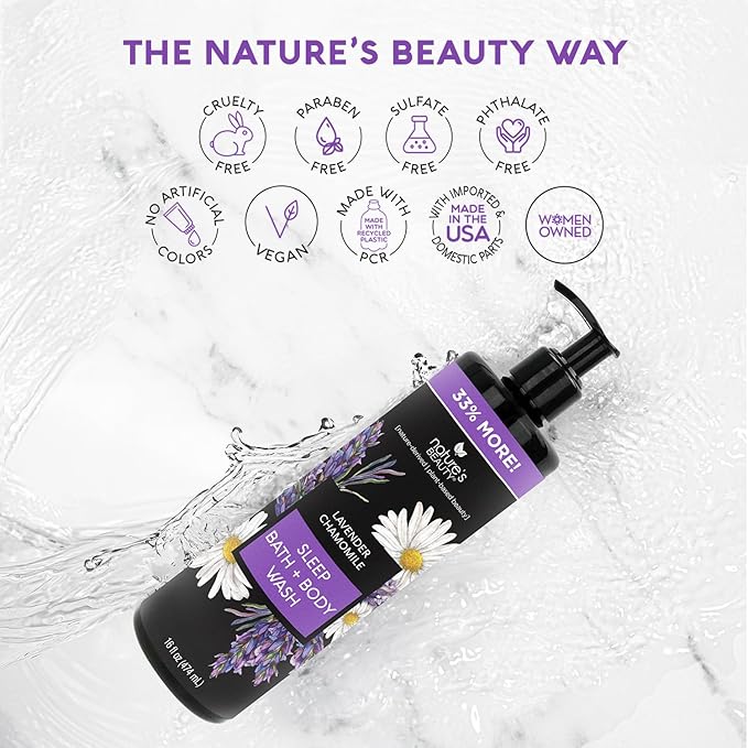 Nature's Beauty Lavender Chamomile Sleep Body Wash for Women Multi-Pack- Gentle Bath + Body Cleanser Sooth and Calm Combination to Dry Skin Made w/Coconut Jojoba + Moringa Seed Oils 16floz (2 Pack)