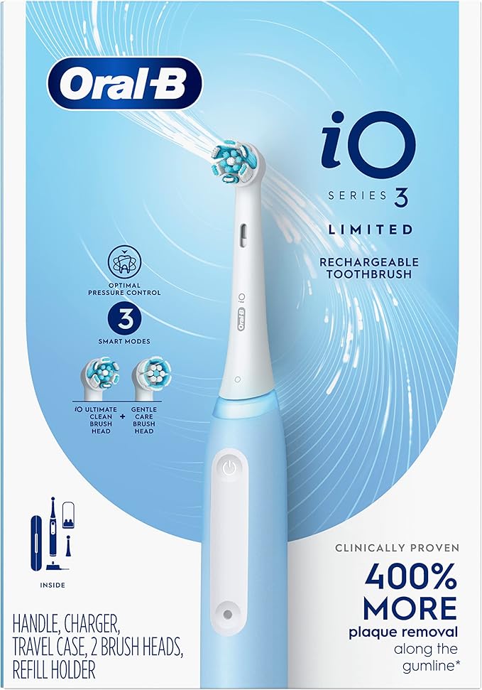 Oral-B Rechargeable Electric Toothbrush iO3 Limited Deep Clean 3 Cleaning Modes Visual Pressure Sensor to Protect Gums 2 Brush Heads Travel Case ICY Blue
