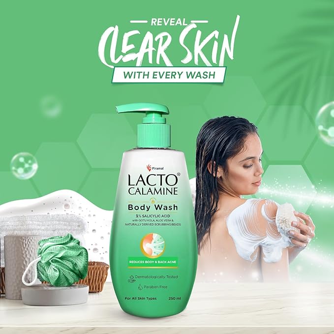 Lacto Calamine 1% Salicylic Acid Body Wash | 250ml | For Body Acne Back Acne Rough &amp Bumpy Skin |Cica Aloe Vera Turmeric &amp Natural Scrub Beads | Paraben Free | Body Wash Shower Gel For Men
