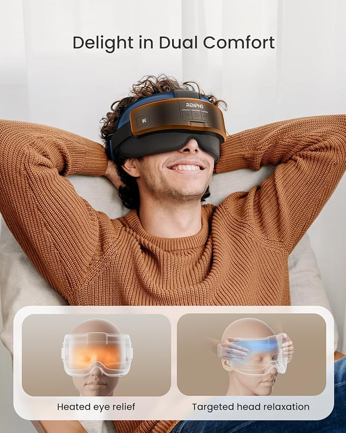 RENPHO Eyeris Masc Head &amp Eye Massager FSA Eligible HSA Birthday Gifts for Women Men Migraine Relief Headache Massager for Forehead Occiput and Temple Heated Mask Massager Scalp Stress Relax