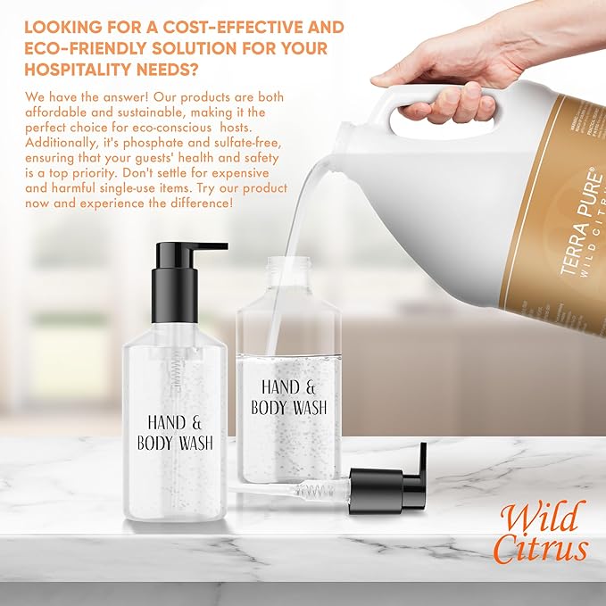 Terra Pure Wild Citrus Gallon Hand &amp Body Wash – Refill Jug for Hotels Vacation Rentals Guest Homes Spas Gyms | Bulk Liquid Soap Toiletries | No Color Added | For Sensitive Skin &amp Daily Us