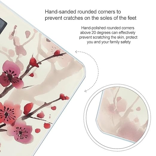 Japanese Spring Plum Floral Weight ScaleClear LED Display Bathroom Digital Weighing ScaleTempered Glass Digital Bathroom Scale for Body Weight Capacity Up to 400 Lbs