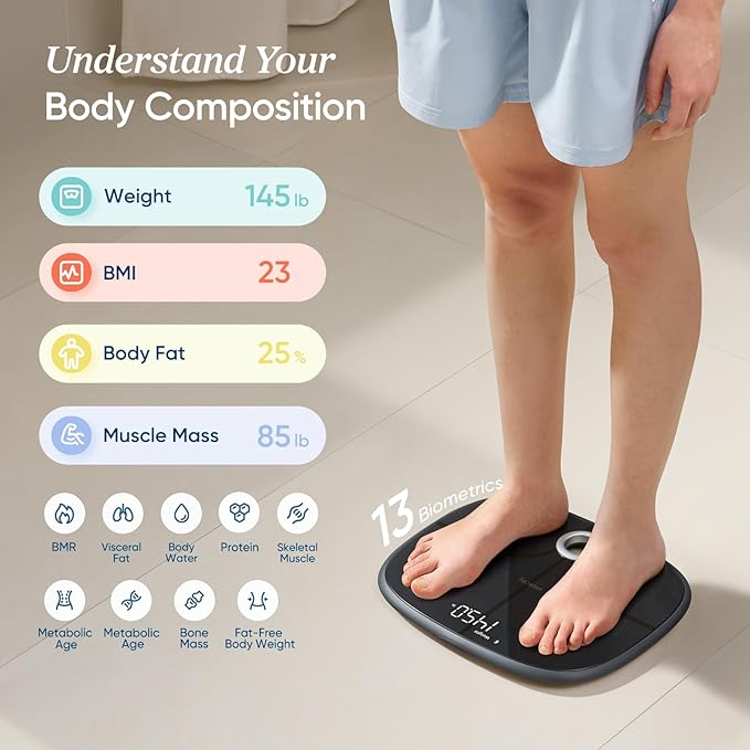 Etekcity Smart Rechargeable Scale for Body Weight BMI Fat Muscle Mass Digital Bathroom Scale with 13 Metrics Secret Mode Bluetooth Connect to Free Apps Stealth Black