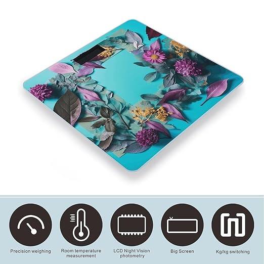 Frame of Flowers and Leaves Scale for Body Weight Anti-Slip Tempered Glass Digital Bathroom Scales Clear LCD Display Weighing Scale Safe Rounded Corners Smart Scales