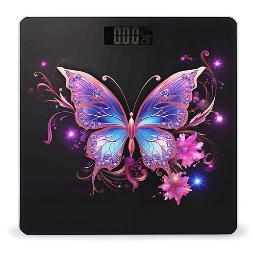Pink Purple Butterfly Bathroom Scale Large LCD Backlight Display Digital Scale Rounded Corners Body Scales Automatic Power On/Off Bathroom Scales for Home Bedrooms