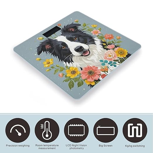 Border Collie Florals Scale for Body Weight Accurate Digital Bathroom Scale Toughened Glass High Precision Scales Smart Weight Scales with Large LCD Backlight Display Weighing Machine