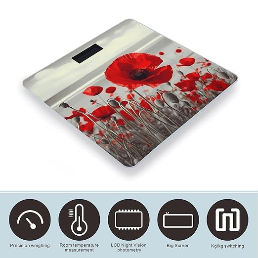 Red Poppy FlowerScale for Body Weight with LCD High Precision Weighing Scales Fashion Sturdy Tempered Glass Weight Scales Easy-to-Read Digital Bathroom Scale for Daily 400lb