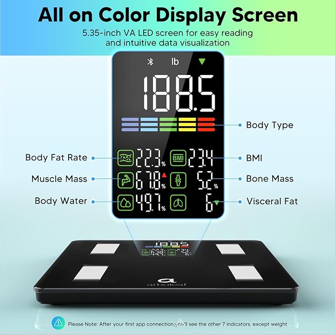 Product Image arboleaf Scale for Body Weight and Fat High Accuracy Digital Smart Bathroom Scale Large LED Display Weight Scale for BMI Muscle Food Scale 22lb/10kg Digital Kitchen Scale for Food