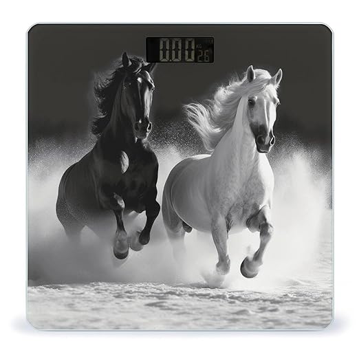 Black and White Horses Running Weight Scale Large Bathroom Scales Digital Weight with Bright LED Display Non Slip Automatic Weighing Scale Fashion Weighing Machine for Body