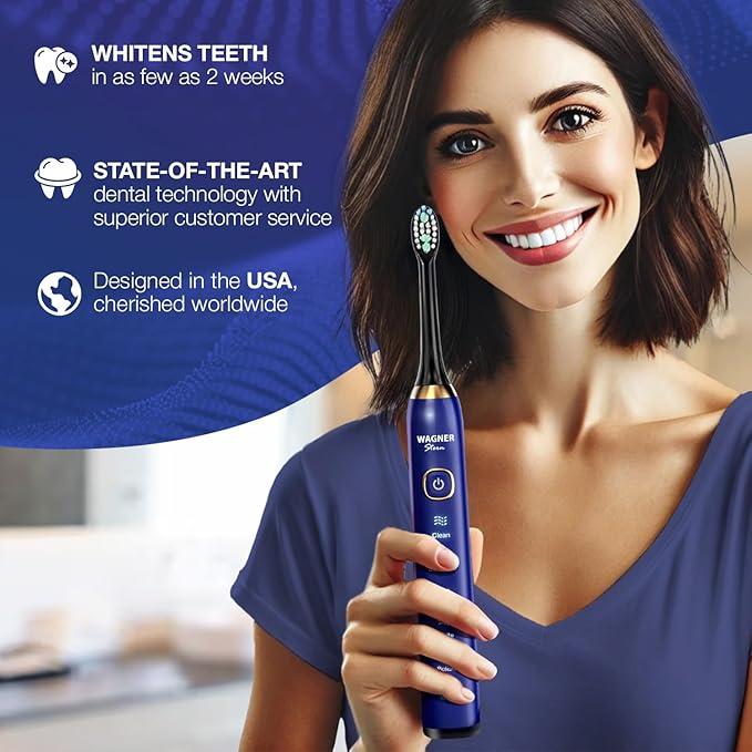 Wagner Stern The Sapphire Blue Edition ultrasonic whitening Electric Toothbrush Features Five Brushing Modes Eight Soft Brush Heads and a Premium Travel case.