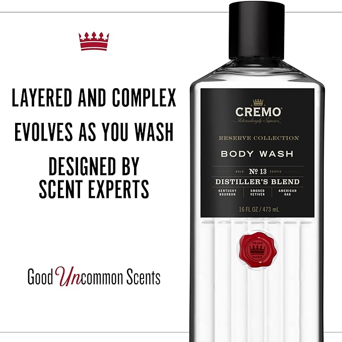 Cremo Rich-Lathering Distiller’s Blend (Reserve Collection) Body Wash An Elevated Blend with Notes of Kentucky Bourbon Smoked Vetiver and American Oak 16 Fl Oz (Pack of 2)