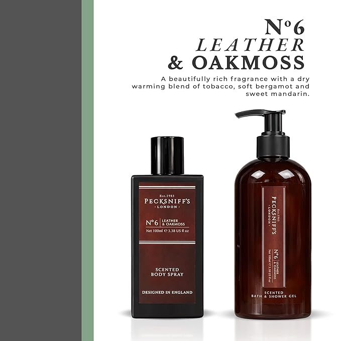 Pecksniff’s Men’s Body Duo Set – Leather &amp Oakmoss Scented Bath &amp Shower Gel 250ml &amp Body Spray 100ml – Luxury Grooming Gift Set for Him