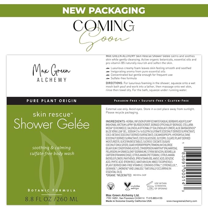 MGA Vegan Shower Gel - Rescue &amp Moisturizing Body Wash for Skin Care | Natural &amp Organic Formula with Essential Oils &amp Skin Friendly pH | Sulfate free Moisturizing Body Wash | 8.8 Fl Oz