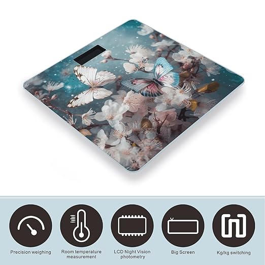 Butterflies are Flying Scale for Body Weight Precision Bathroom Weighing Scales with Back Lit LCD Display Sturdy Tempered Glass Body Weight Scales Digital Bathroom Scale 400lb
