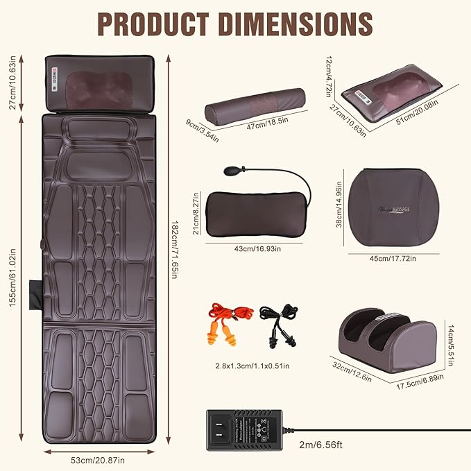 Full Body Massage Mat with Heat Detachable Shiatsu Neck and Foot Massager Vibration Massage Mat for Back Pain Relief 9 Modes 3 Timers Inflatable Lumbar Pillow Home Office Gift for Men Women