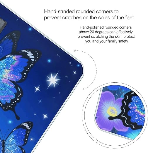 Blue Glitter Butterfly Weight Scale Large Digital Bathroom Scales with Bright LED Display Non Slip Digital Scale and Step On Fashion Weighing Machine for Body
