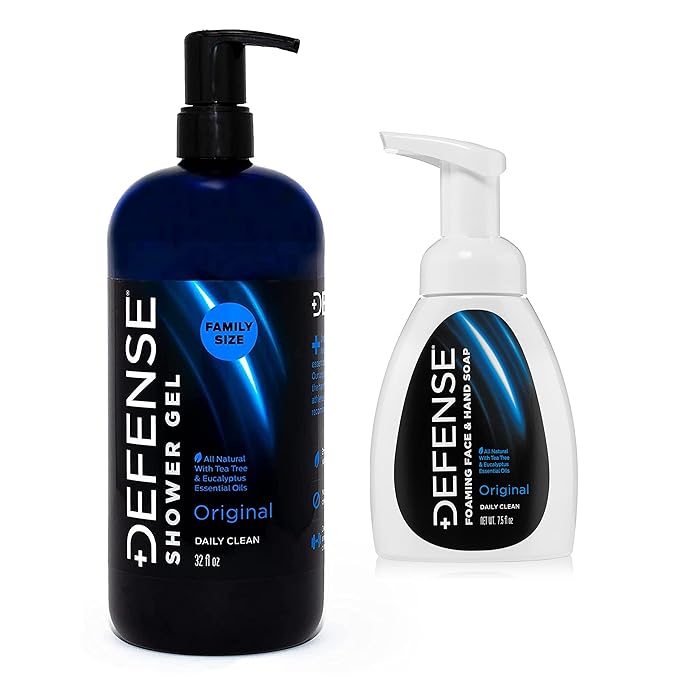 Defense Soap Body Wash 32 oz &amp Defense Liquid Foaming Face &amp Hand Soap 7.5 Fl Oz - Natural Shower Gel with Tea Tree Oil Eucalyptus Oil Rosemary and Aloe Vera
