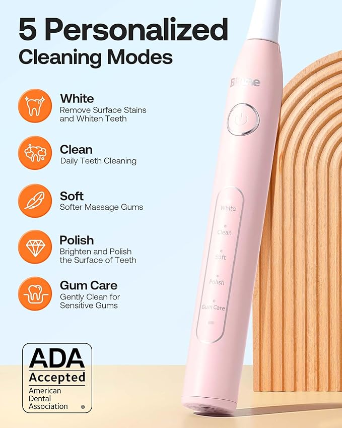Bitvae Ultrasonic Electric Toothbrush - Rechargeable Sonic Electric Toothbrush for Adults and Kids Power Toothbrush with Holder 8 Brush Heads Smart Timer Fast Charge Pink D2