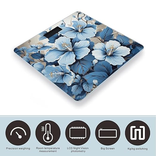 Blue Hibiscus Flower Bathroom Scale for Body Weight LCD Display Digital Bathroom Scale Tempered Glass Bathroom Weight Scales Fashion Smart Scales for Home Bedroom 400 Lb