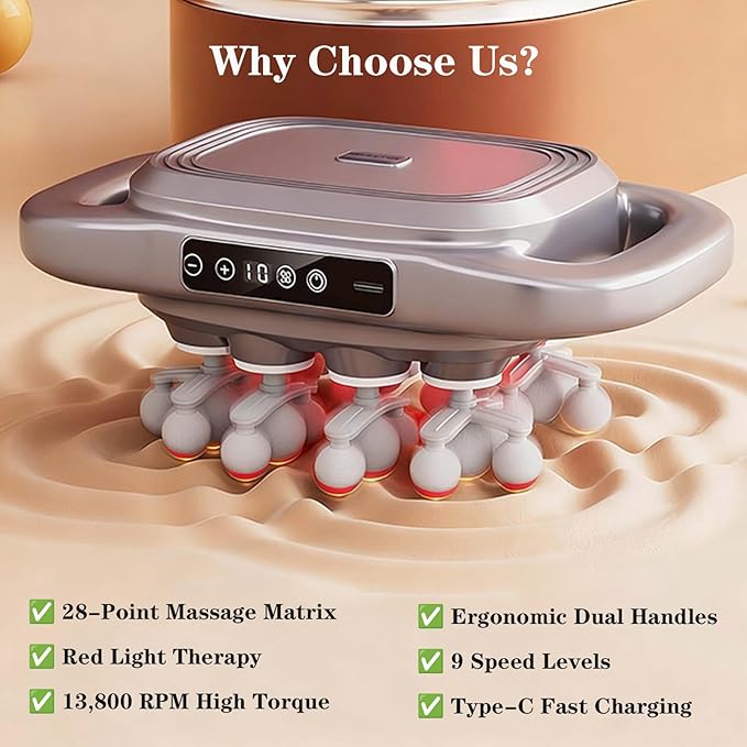 28-Head Deep Tissue Massager with Red Light Therapy Dual-Handle Percussion Massage Gun for Full Body Pain Relief 13800 RPM High Power 9 Speeds Type-C Rechargeable for Back Legs Foot