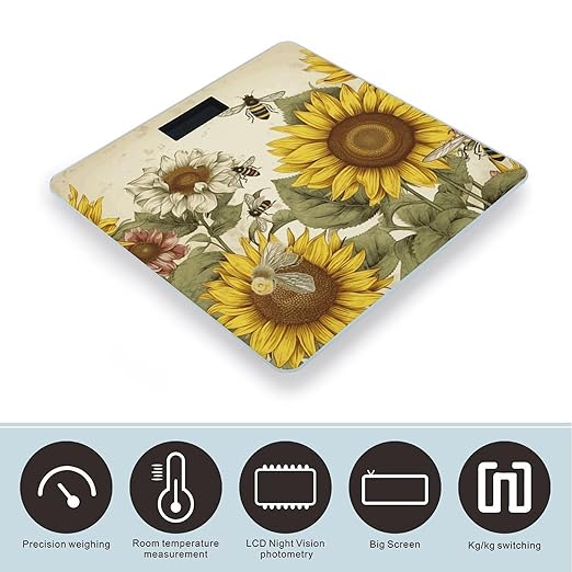 Bees Sunflowers Daisy Rose Flowers Bathroom Scale for Body Weight Bathroom Weighing Scale with Backlit LCD Display Highly Accurate Measures Weight Up to 180kg