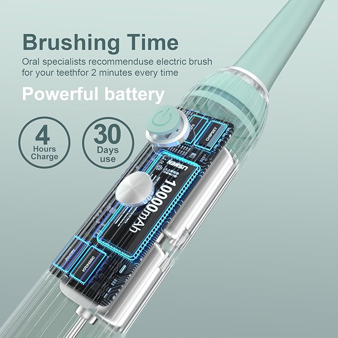 Rechargeable Sonic Toothbrush with Drying Holder 8 Brush Heads Smart Timer Waterproof Design – Mint Green Edition