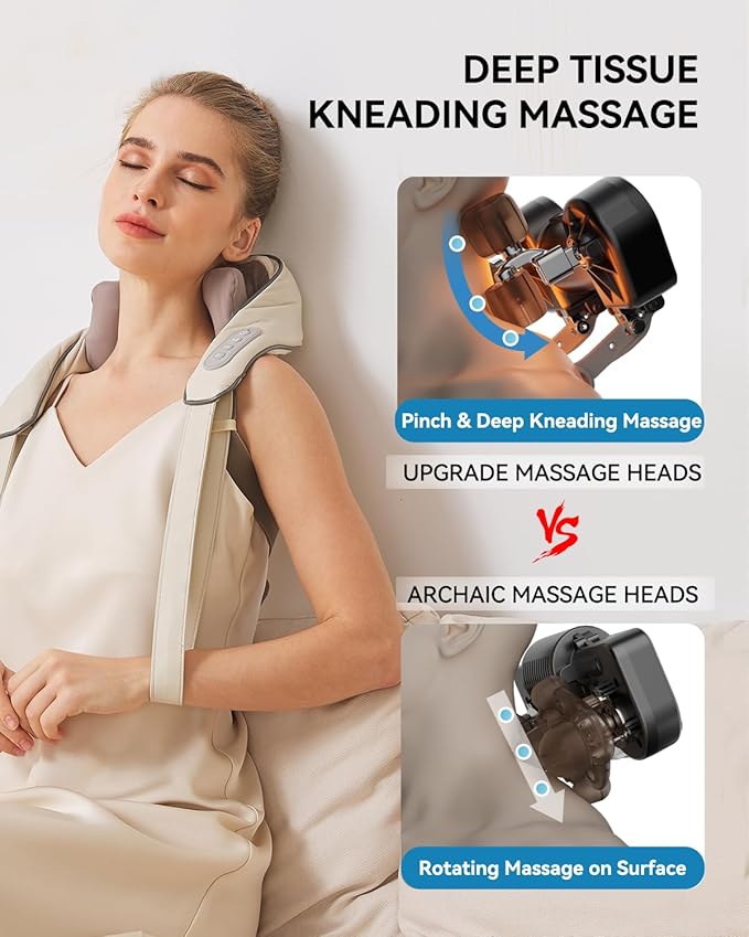 Neck and Shoulder Massager for Pain Relief Deep Tissue-Shiatsu Deep Kneading Massager with Heat to Relieve Neck Shoulder Back Waist Leg Muscle Soreness Fatigue (Beige)