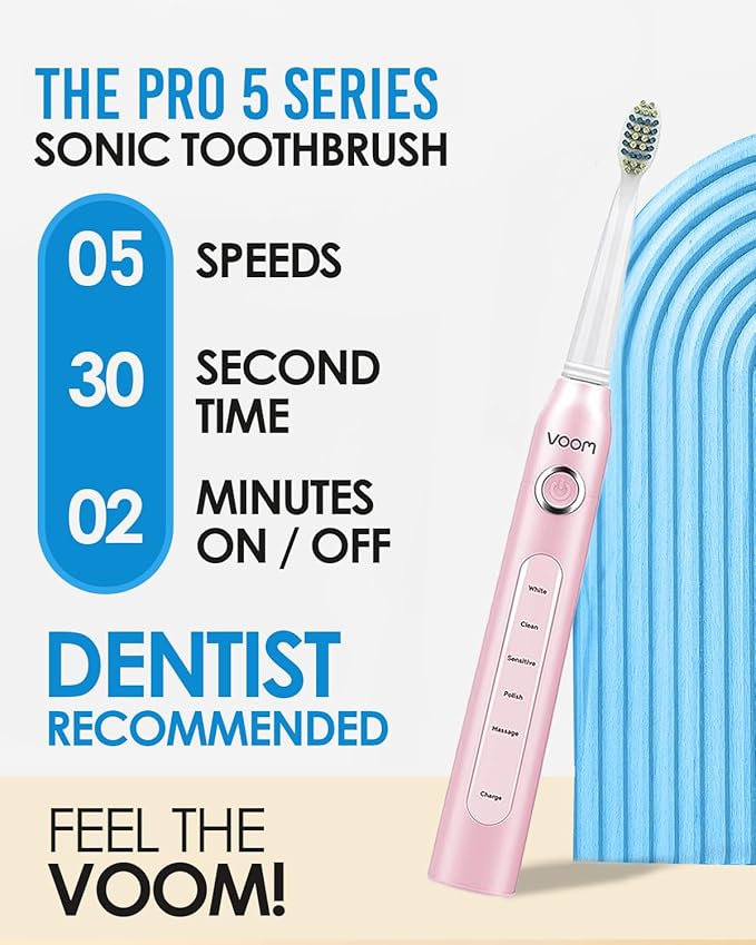 Voom Sonic Pro 5 Electric Toothbrush for Adults - Ultrasonic Electric Toothbrushes with Replacment Brush Head Dentist Recommended Power Sonic Toothbrush with 5 Modes