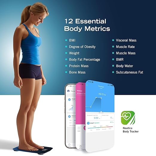 Nautica Body Tracker Digital Bathroom Scale Bluetooth-Enabled Smart Scale with BMI Body Fat Muscle Mass Tracking &amp More Syncs with Smartphone App for Body Composition Tracking 440 Lbs.