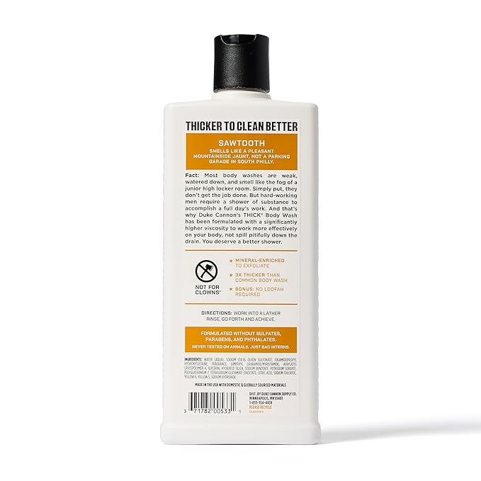 Duke Cannon Supply Co. Thick High Viscosity Body Wash - 3X Thicker Plant-Based Body Wash for Men with Lasting Scent - Mens Body Scrub - Sawtooth Midnight Swim &amp Bourbon (18oz)