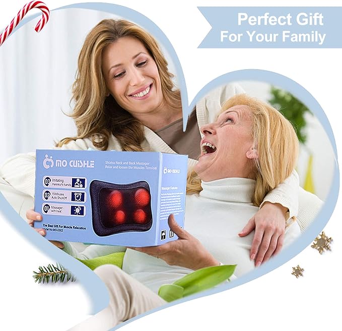 Mo Cuishle Electric Shiatsu Back Massager with Heat - Powerful 3D Kneading for Neck Shoulder Lower Back Pain Relief - Ergonomic Design for Home Office &amp Car - Gifts for Women Men Mom &amp D