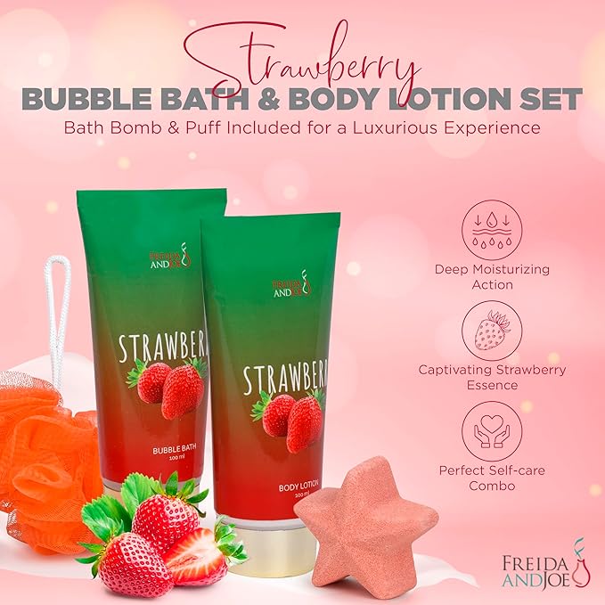 Strawberry Bath and Body Gift Set for Women - Luxurious Shower Pampering Irresistible Strawberry Scent Complete Body Skincare Collection – Mother's Day Gift for Mom