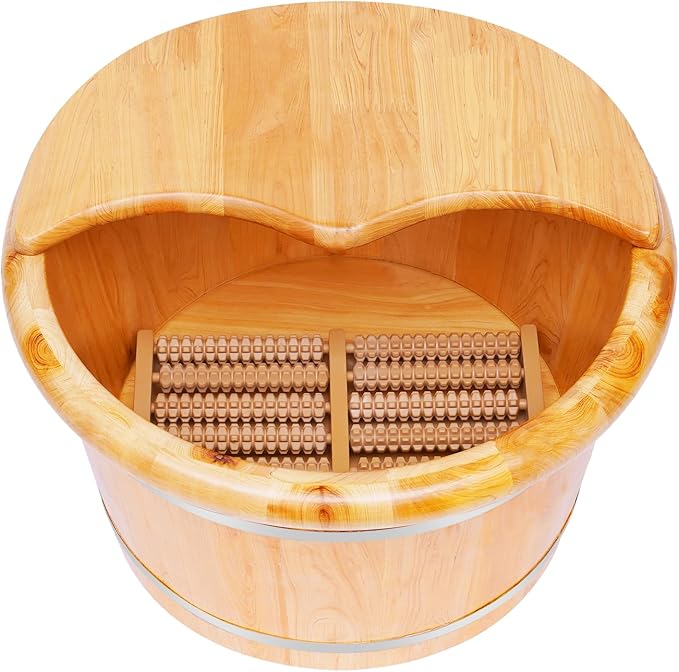 Wooden Bucket Foot Bath MassagerTall Foot Basin Wooden Bucket with Lid and Massage Roller Soaking Bath Basin Feet Relaxing Soak Spa for Home Office Foot Baths