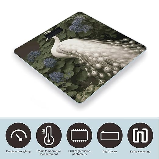 White Peacock Bathroom Scale Automatic Power On/Off Body Scales LCD Backlight Display Square Digital Scale Rounded Corners Bathroom Scales for Home Bedrooms