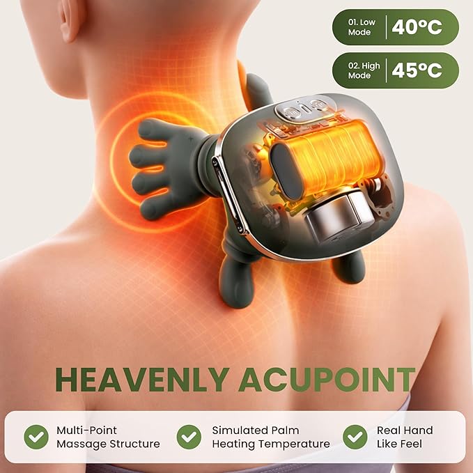 BeFit24 Neck Massager with Heat 4D Deep Tissue Shiatsu Neck Massage Machine for Pain Relief Electric Cervical Shoulder &amp Back Massager with Simulated Human Hand Kneading Muscle Relaxation (Gree