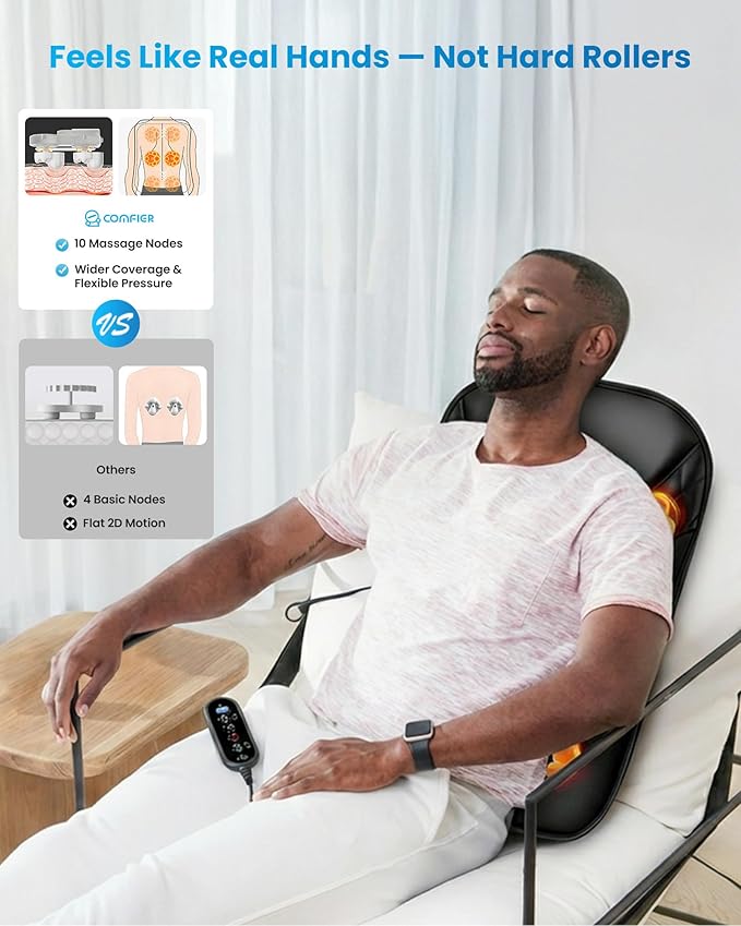 COMFIER Ultra-Slim Heated Back Massager for ChairDeep Tissue Shiatsu Back Massager with HeatUp–Down Moving 10 Massage NodesUpper/Lower/Full Back ReliefGift for Women &amp Men
