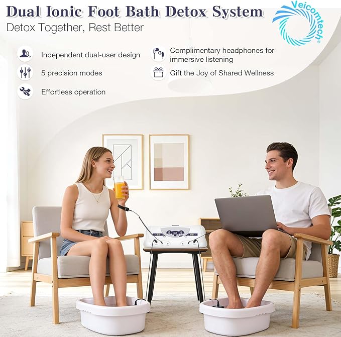 Dual Ionic Foot Bath Detox Machine ion Detox Foot Bath Spa Cleanse System for 2 Users with MP3 Music Player 2 Array 2 Wrist Band 5 Liners