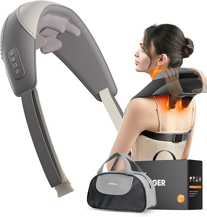 Shiatsu Neck and Shoulder Massager with Heat for Pain Relief Deep Tissue Portable Massagers for Neck and Back Gifts for Men and Woman (Grey with Leather Handbag)
