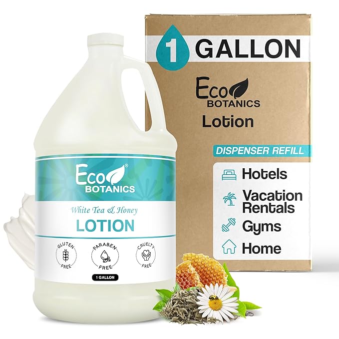 Terra Pure 1-Shoppe Eco Botanics Natural Lotion with Raw Honey &amp White Tea | Gallon Jug Bulk Toiletries for Airbnb Vacation Rentals and Home Bathroom | Refill For Soap Dispensers
