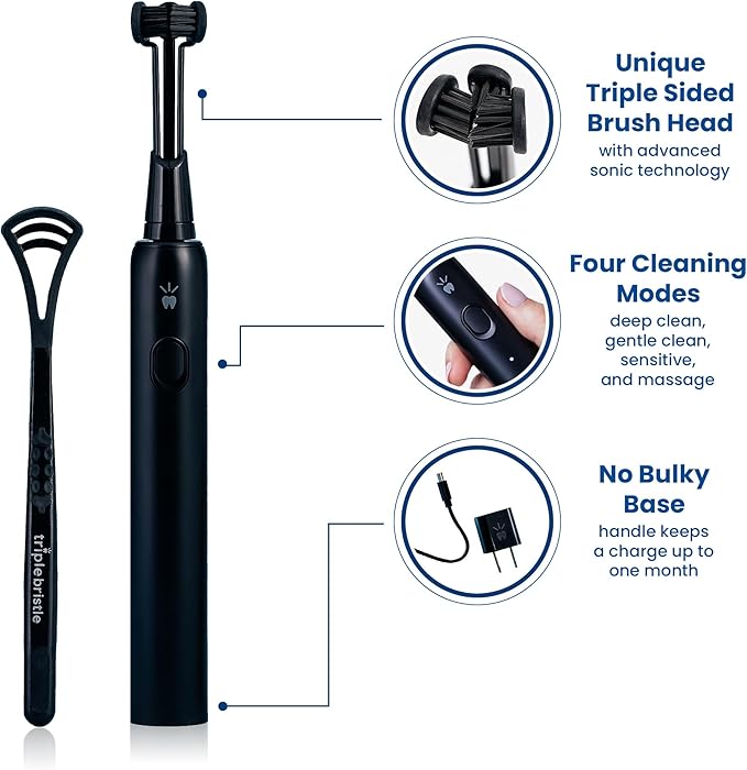 Triple Bristle Max Sonic | 3 Sided Toothbrush w/ 4 Modes | Dentist Created &amp Approved Triple Sided | Soft Charcoal Infused Nylon Bristles | Rechargeable &amp Waterproof