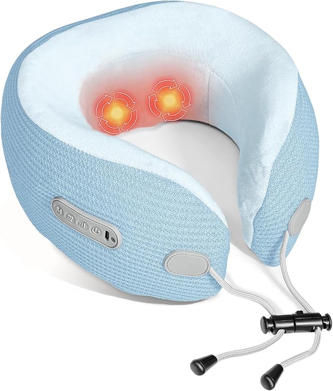 Electric Neck MassagerPortable Travel Pillow with Massage and HeatRechargeable Vibrating Neck Pillow MassagerPerfect for Pain Relief at Home OfficeTravelFathers Day Gift Ideas(Blue)