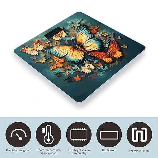 Colorful Butterfly Embroidery Paintings Digital Bathroom Scale for Body Weight with High Precision Digital Weighing Scale with BMI Clear LCD Display and Step-On Measures Weight Up to 180kg