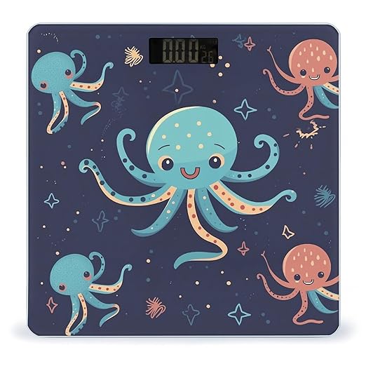 Cartoon Octopus Scale for Body Weight Safe Rounded Corners Tempered Glass Digital Bathroom Scale LED Display 400lb Capacity Weight Scales with High Precision Sensors