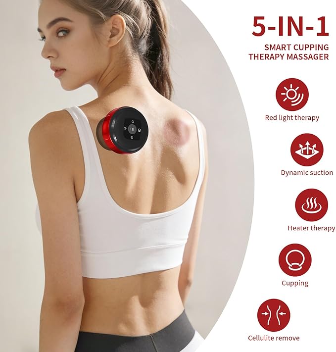 5-in-1 Smart Dynamic Cupping Therapy Massager Set 12 Levels Heat &amp Suction Cupping Kit for Massage Therapy Electric Cupping Device with Red Light Therapy for Back Pain Knots Muscle Soreness (R