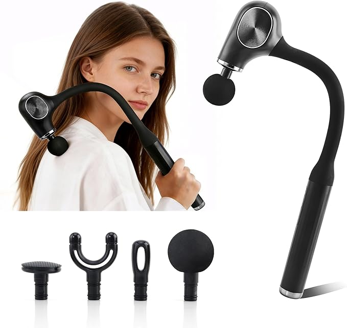 Brushless Motor Massage Gun with Upgraded Extension Handle Back Massager for Pain Relief Deep Tissue with 4 Massage Heads &amp 5 Speed Levels &amp 3 Massage Modes Black Silver