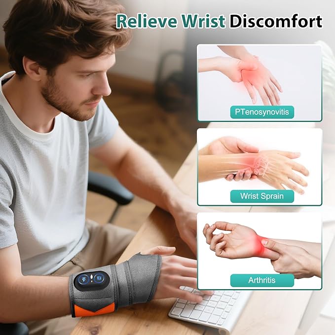 Wrist Heating Pad with Massage Cordless Wrist Hand Heating Pad for Pain Relief Red Light Heated Wrist Wrap with 3000mAh Battery Vibration and Adjustable Heat Settings - Left Right Hand