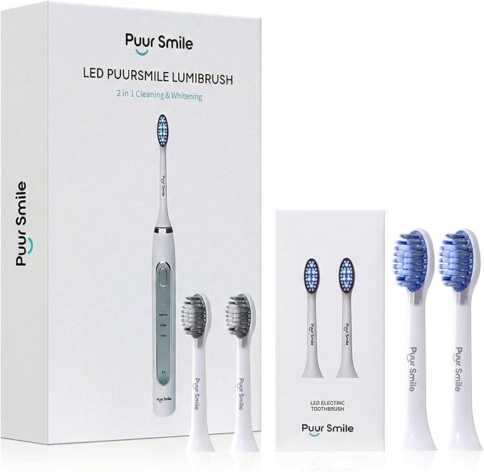 LED Electric Toothbrush Bundle – Sonic Lumi Toothbrush with 4 Blue LED Brush Heads 4 Cleaning Modes Smart Timer IPX7 Waterproof Wireless Charging Base &amp Travel Case (White)