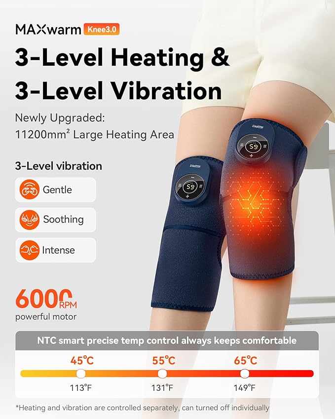 Cordless Knee Massager with Heat Vibration for Pain Relief MAXwarm 3.0[2026 Upgraded]-Electric Heated Knee Brace with 3 Heat Levels and 3 Massage Mode for Men Women(Blue 1-Pack)